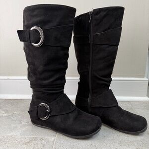 Black Suede-like Slouchy Boots with two functional buckles